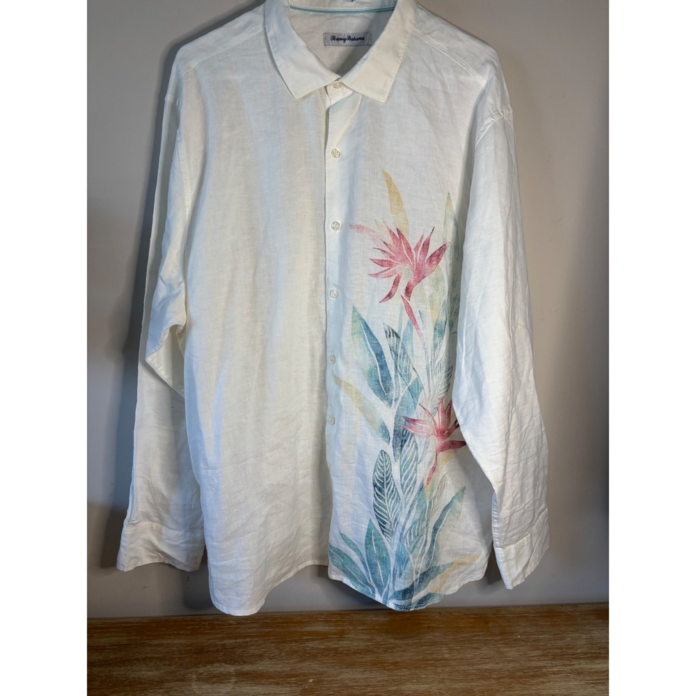 Tommy Bahama White Linen Long Sleeve Shirt Tropical Floral Print XL - Picture 1 of 9